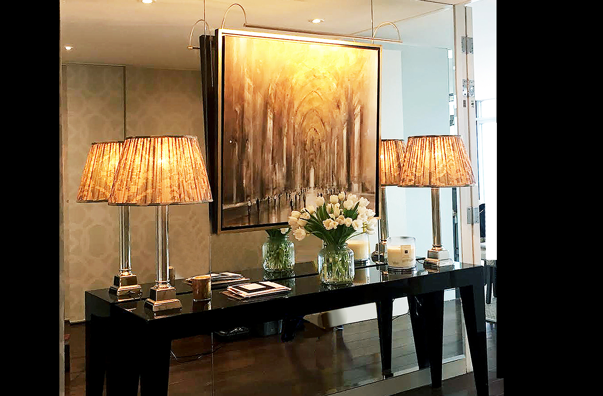 dorchester hotel picture lights, london. Pencil picture lights lit by hogarth lighting